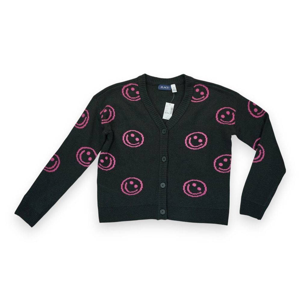 NWT‎ Place Knitted Cardigan Sweater V- Neck Black Pink Smiley Girls Size XXL